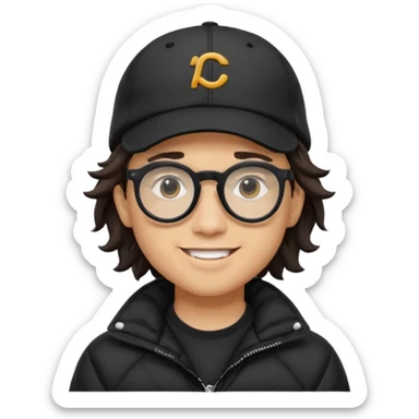 Young man wearing a black puffer jacket, black baseball cap, round black glasses, wavy hair peeking out from under the cap, smiling
 sticker