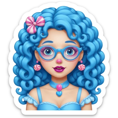 blue long curly haired princess of the candyland, with candy makeup candy glassess and just face sticker