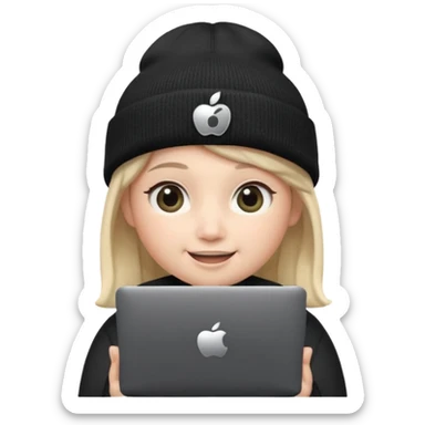 Apple-style Memoji face with big eyes and black beanie, holding silver laptop covering mouth with solid black pear logo (no bite), clean soft lighting, simple round background. sticker