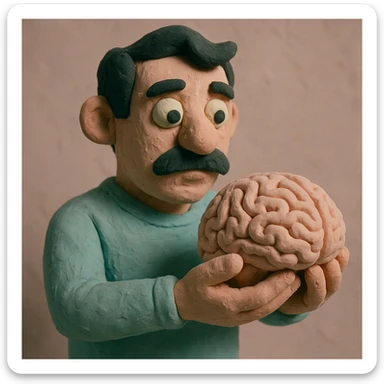 a dark-haired man with a mustache holding a brain, claymation style, pastel colors, visible fingerprints sticker