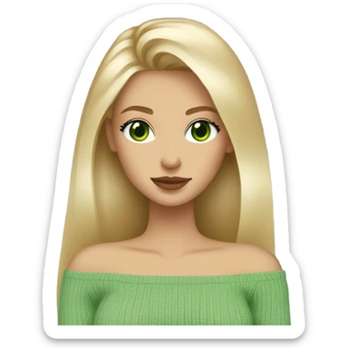blonde girl with green eyes, smooth skin, off shoulder sweater, long blow out hair, baddie sticker