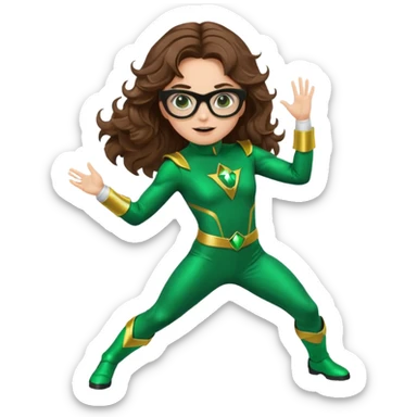 green power ranger, white girl with long brown wavy hair, thin black glasses, action pose, emoji style sticker