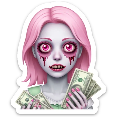 The ios zombie girl holding a stack of pink dollar bills sticker