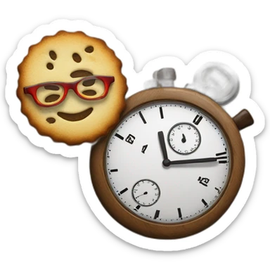 A stop watch in wood with glasses and a coockie sticker