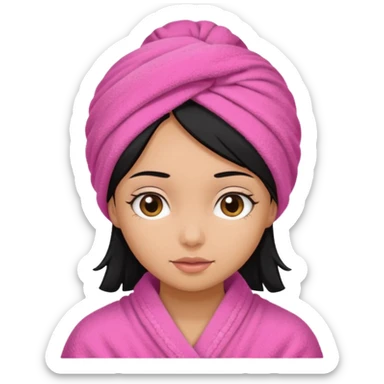 Girl with a pink towel on her head, medium tan skin black hair tucked in towel  sticker