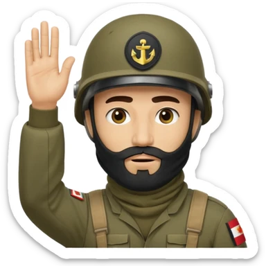 surrenders, depicts an Iraqi soldier from 1980, with a beard, in a helmet, with a balaclava, with a sad face and raised hands sticker