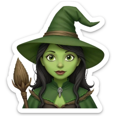 elphaba the wicked witch from wicked movie (cynthia erivo) dark long textured hair, thick lips, green skins, witch hat, witch broom sticker