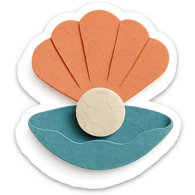 close-up of a clam holding a pearl, textured paper details, paper-craft style sticker