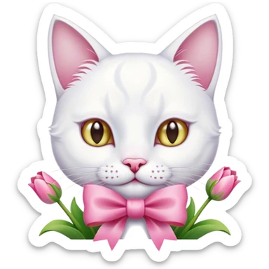 White cat with pink bow and tulips sticker