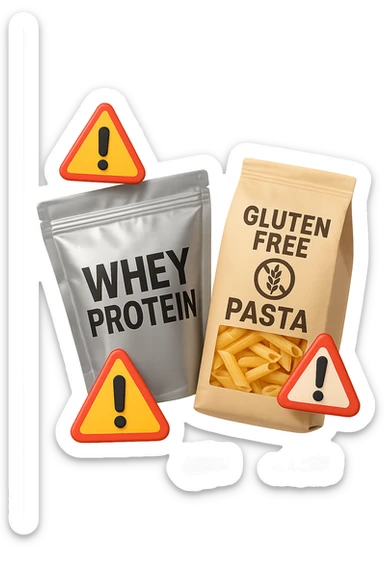 SU QUESTO STILE FAI UN EMOJI STILE IPHONE 3D DI UN pacco di whey protein e un pacco di pasta senza glutine che fluttuano in aria insieme a segnali di pericolo in 3d, FALLO MOLTO REALISTICO IN 3D sticker