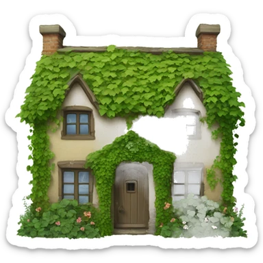 Old cottage with ivy and plants growing on and around it sticker