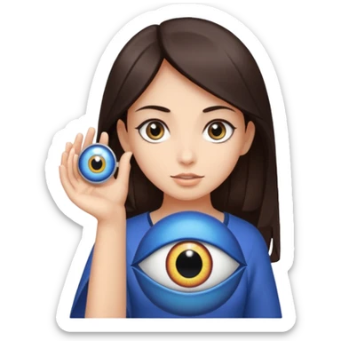 A girl with dark brown hair is holding a huge evil eye amulet in her hand. sticker