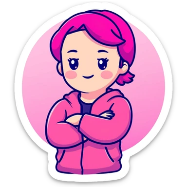 Shy girl character with arms crossed, transparent glass style, bright pink gradient, soft shadows and highlights, minimalist cute design sticker