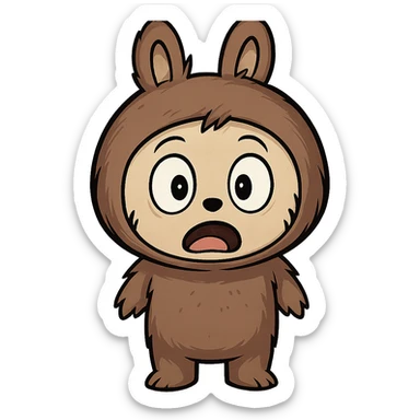 Change only the facial expression of the brown bunny character to a surprised look with wide eyes and open mouth. Keep the character, pose, and all colors exactly the same as the original. Do not change any other details. Transparent background. sticker
