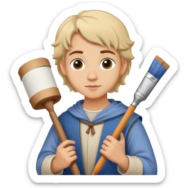young apprentice painter with roll of drawings, medieval age sticker
