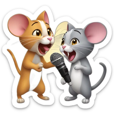 Cat and mouse singing together at a karaoke sticker