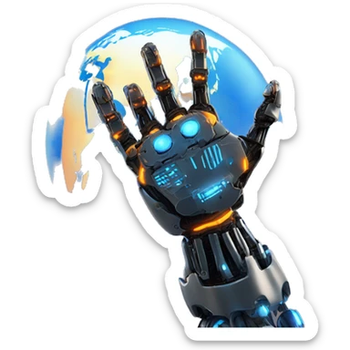 "Earth held by a futuristic robotic hand, glowing with blue and orange digital lines, with a high-tech and futuristic atmosphere." sticker
