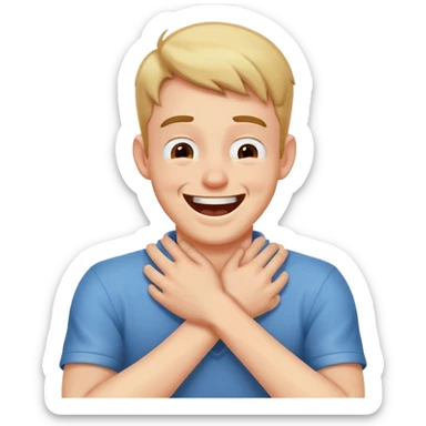 Guy choking himself with hands crossed in front of his neck while laughing sticker
