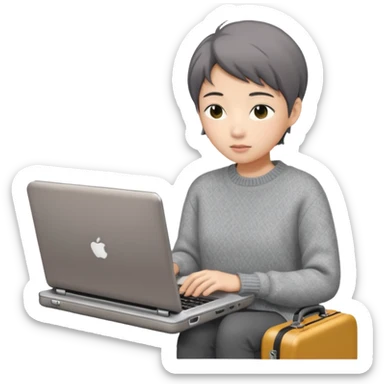 페르소나 요약 : 교환학생을 준비하는 대학생. 동양인 중성 20대의 상반신, 캐주얼한 옷(니트, 맨투맨)을 입은 채 노트북을 보고 있으며 옆 한켠에는 캐리어가 함께 준비되어 있어요. 안경은 끼지 않았어요 sticker