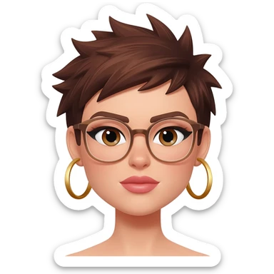 Female very very short brown hair few spikes gold hoop  earrings brown eyes glasses full lips sticker