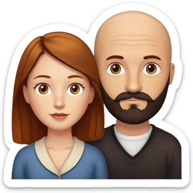 Couple. Bald man with dark brown-black beard. White woman with many small, faded freckles, she has white skin and she has auburn-yellow-brown-cinnamon, dark long hair. She has light brown eyes. The man have hazel eyes. Retro style. sticker