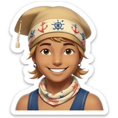 Clash of Clans aesthetic Playful Pirate Portrait Emoji, Head tilted with a roguish, cheeky grin and twinkling eyes, featuring a compact, spirited build with a jaunty hat and a quirky bandana, his natural skin tone evident, Simplified yet irresistibly charming features, highly detailed, glowing with a warm, inviting oceanic glow, high shine, spirited and lively, stylized with an air of whimsical maritime mischief, soft glowing outline, capturing the essence of a playful pirate exuding friendly rogue charm! sticker