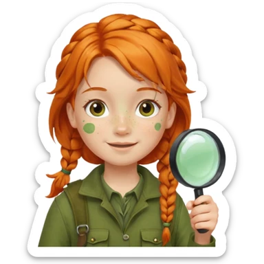 braid orange haired girl kid in moss green explorer outfit, holding magnifying glass, smile sticker