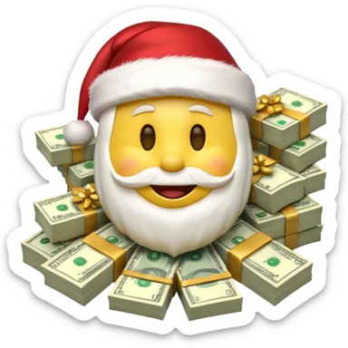 A festive 3D emoji style yellow smiley face wearing a Santa hat, surrounded by stacks of cash and dollar bills, joyful expression, Christmas and New Year theme, high quality, clean design, studio lighting, no text, no background, isolated object, transparent background, emojis.com style sticker