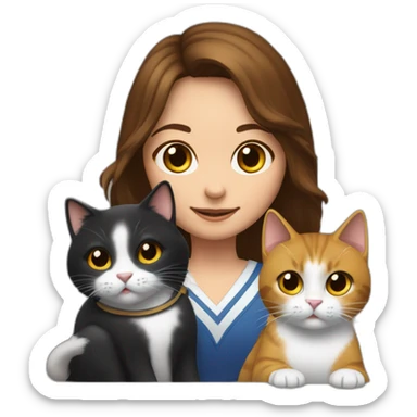 a young girl with brown hair grabbing a Gavel like a judge, and with two cats behind her, one cat black and the other cat snowshoe sticker