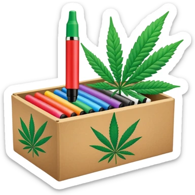 a box of colorful permanent markers with cannabis leaf sticker