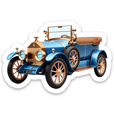  tarnished blue led lights C-3PO ghost buster’s 1927 delicately inlaid rose gold wood barrel accents Model-T x Rolls Royce efficiently powered by futuristic electric motors and dynamos with wide racing wheels that are strong agile advanced suspension and steering sticker