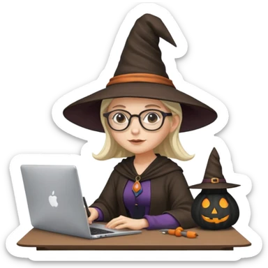 A female video editor wearing glasses, dressed like a witch with a pointed hat, sitting at a laptop editing a video, cinematic lighting, cozy creative studio, professional look, high quality, realistic sticker