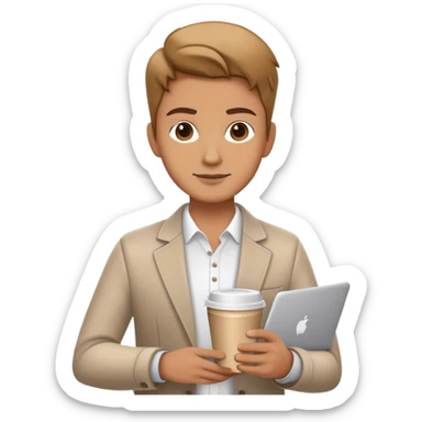 business owner confidently, holding a closed laptop in one hand and a takeaway coffee cup in the other. The character wears casual-smart clothes. sticker