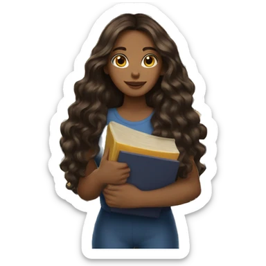 dark brown long wavy hair holding books woman sticker
