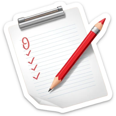 A red pencil in front of a small paper with minimal writing on it sticker