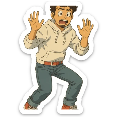 1 male, mid fade haircut dark chestnut brown curly hair, toasted lightskin, white hoodie sleeves up, fashion jeans, red fashion-sneakers shoes, red belt, short trimmed beard and goatee,  style of deku from "my hero academia", doing a "oh no / scared" pose sticker