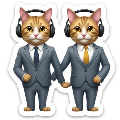 Two well-dressed cats in suits human bodies with cat faces and hands. Wearing headphones for a podcast. Happy faces. 
 sticker