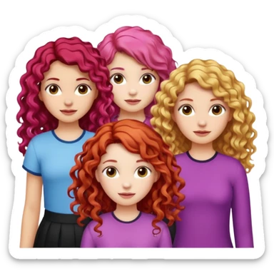 5 girls, one curly redhead, one with brunette dyed blonde hair, one long haired wavy brunette, one mid-length haired brunette, and one black haired girl with partially dyed bright red/pink hair sticker