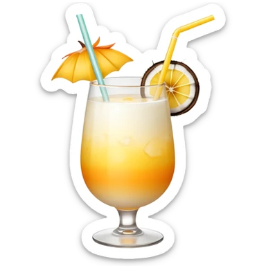 A beautiful cocktail with a creamy white to orange gradient, containing coconut juice and mango, reminiscent of summer. Above, there are tropical flowers, lemon slices, and straws. sticker