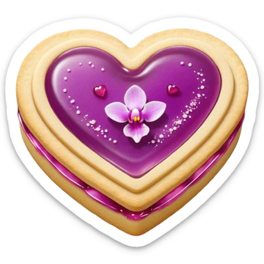 Realistic shortbread cookie in the shape of a heart with orchid color jelly middle filling and sprinkled powder sugar on top. sticker