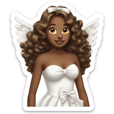 Pretty brown girl with long curly hair with big angels wings and a white bow in a strapless dress sticker