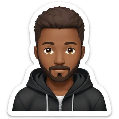 African yound man in his late 20s with a winkand  full short boxed beard and moutache , and a low cut hair, black hoody sticker