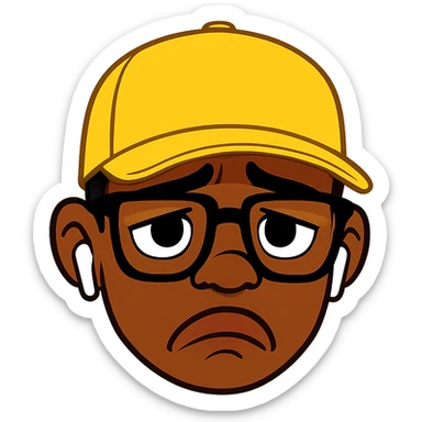 Redraw the character in a 3D Disney style with a sad expression, wearing a yellow cap, glasses, and earbuds. Keep the same details and expression. Use a transparent background. sticker