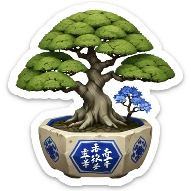 Japanese very old broken intricate Stone Age rocky-crusted dodecahedron-shaped shallow dark moss rough bark blue willow flower maple tree bonsai pot sticker