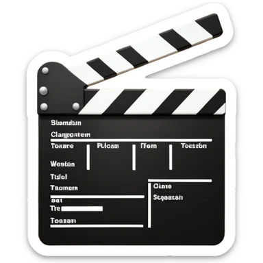Minimalist film clapperboard, black and white, clean geometric shapes with diagonal line sticker