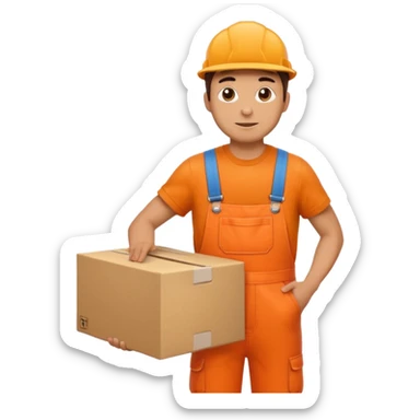 man orange overalls carrying a large box sticker