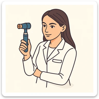A female doctor with dark long straight hair and detailed brown eyes (not just dots), wearing a white medical coat, holding a medical instrument, in 2D isometric style with a minimalist background, with a slight half-smile expression. sticker