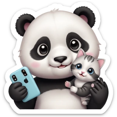A cute baby panda taking a selfie with a small kitten, both smiling and looking at the camera, cartoon style, pastel colors, soft background, ultra cute, kawaii style, detailed, high resolution
 sticker