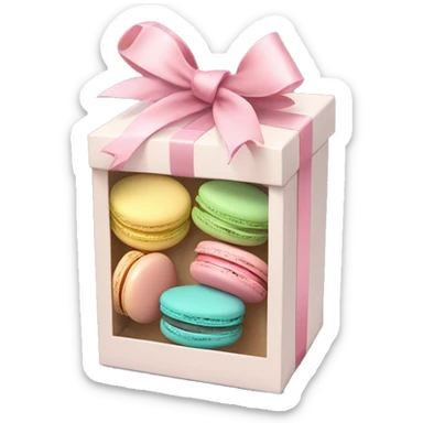 Realistic flat clear box of pastel macaron cookies with ribbon bow tied around the box. sticker