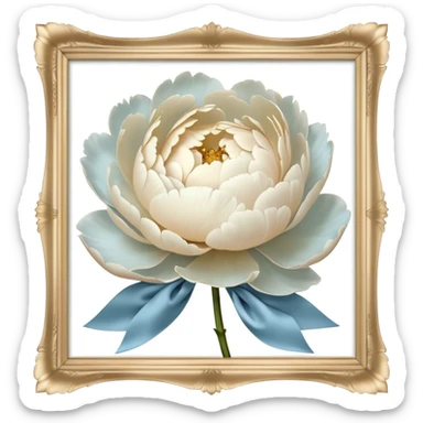 A single oversized peony in the softest shade of ivory sits in the center of a pearl-white canvas, its velvety petals unfolding like a quiet whisper. Wrapped around its stem is a wide, silk bow in a misty blue hue, its fabric pooling slightly onto the surface. The background’s subtle texture reflects light in a way that enhances the depth of the petals, creating an ethereal, almost weightless atmosphere. sticker